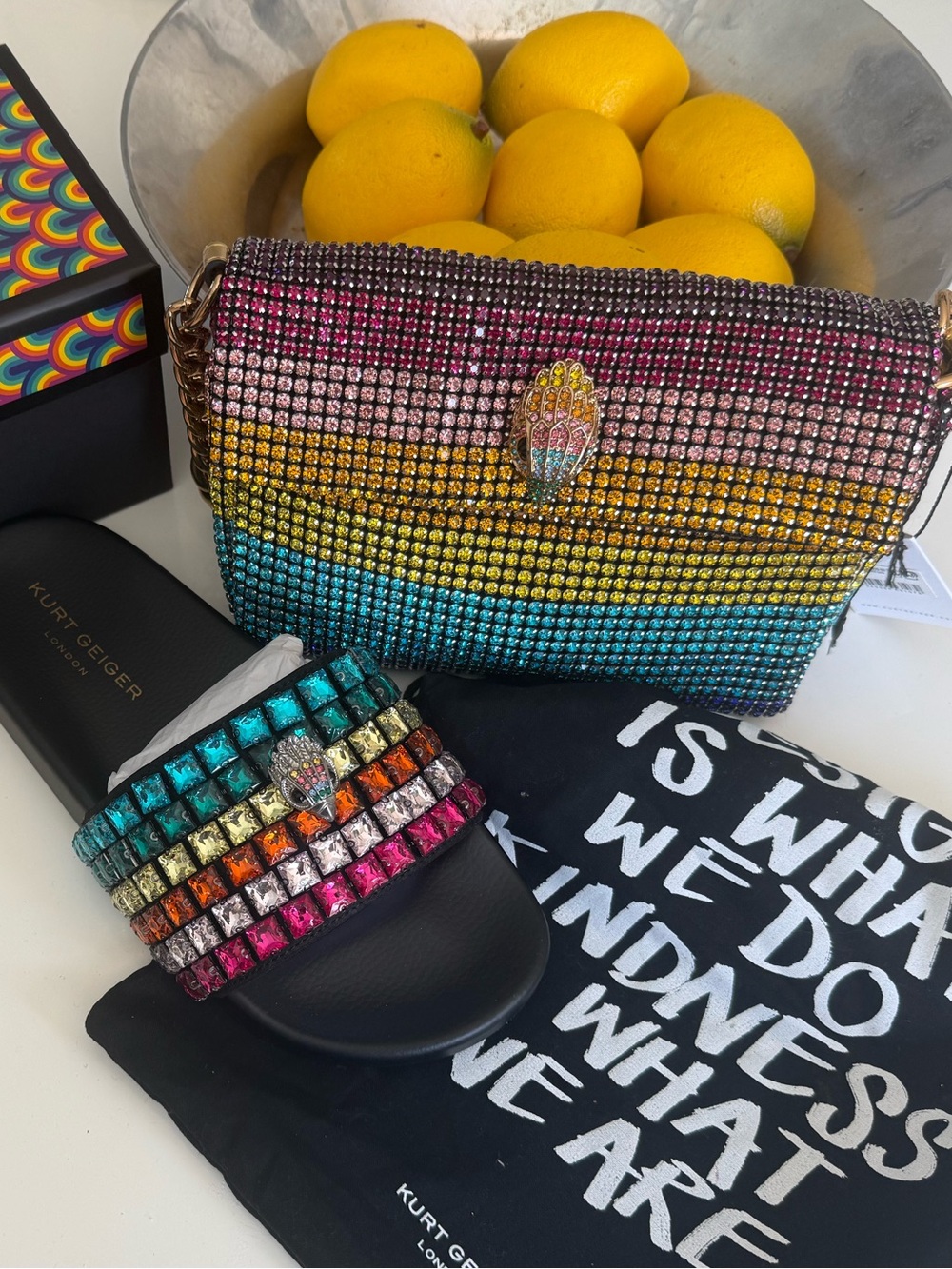 Kurt Geiger Rhinestone Eagle Slides & Shoulder bag